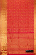 Dark Pink Dual Tone Kanchipuram Silk Saree with Zari Brocade on the body and Zari Border.  displayed on a mannequin