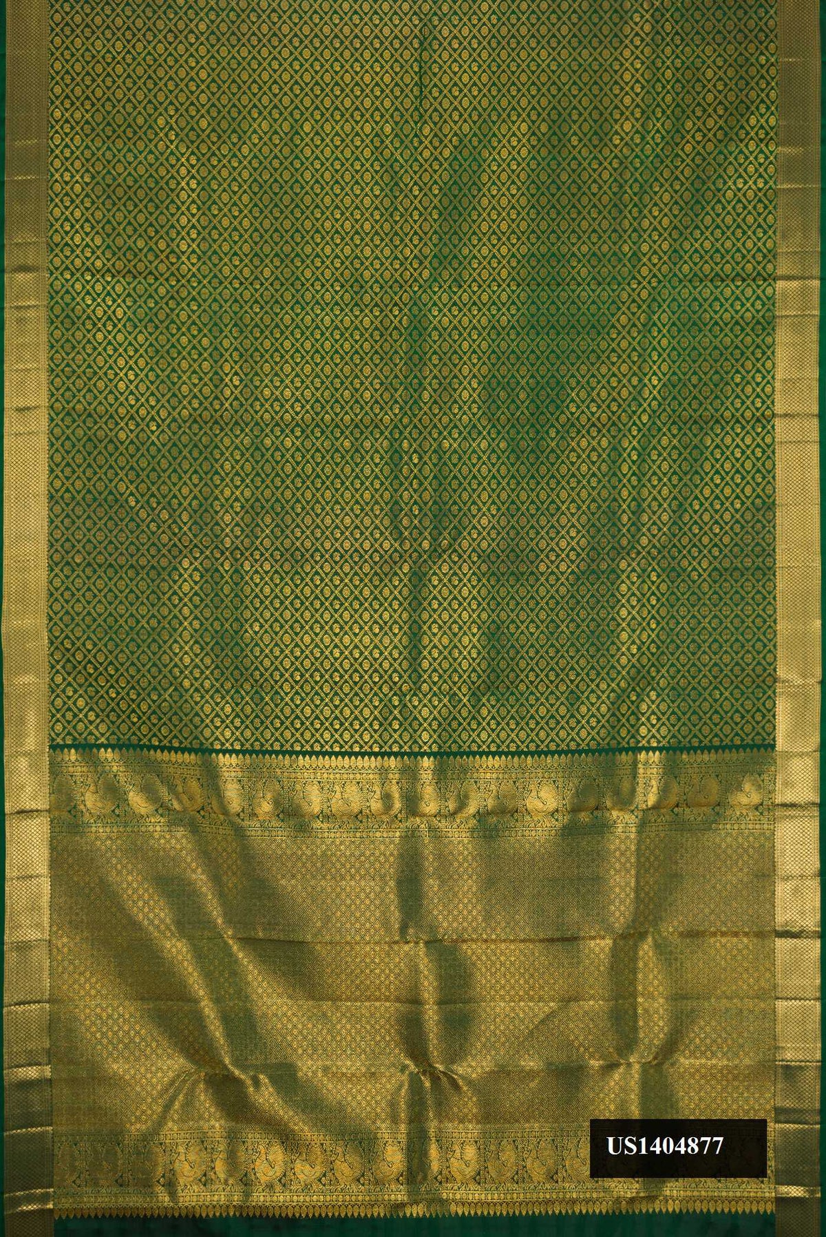 Green Dual Tone Kanchipuram Silk Saree with Zari Brocade on the body and Zari Border.  displayed on a mannequin