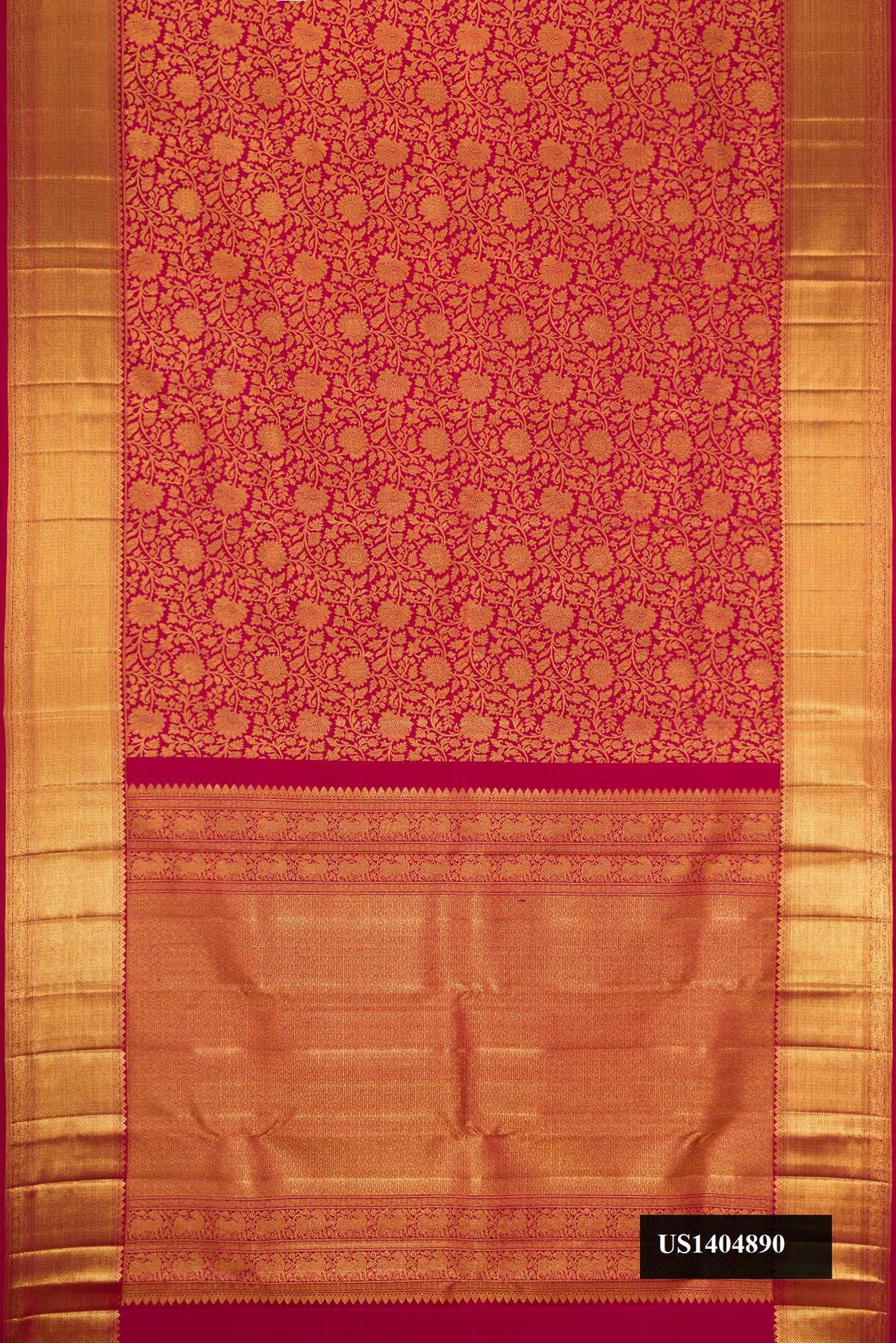 Maroon Dual Tone Kanchipuram Silk Saree with Zari Brocade on the body and Zari Border.  displayed on a mannequin