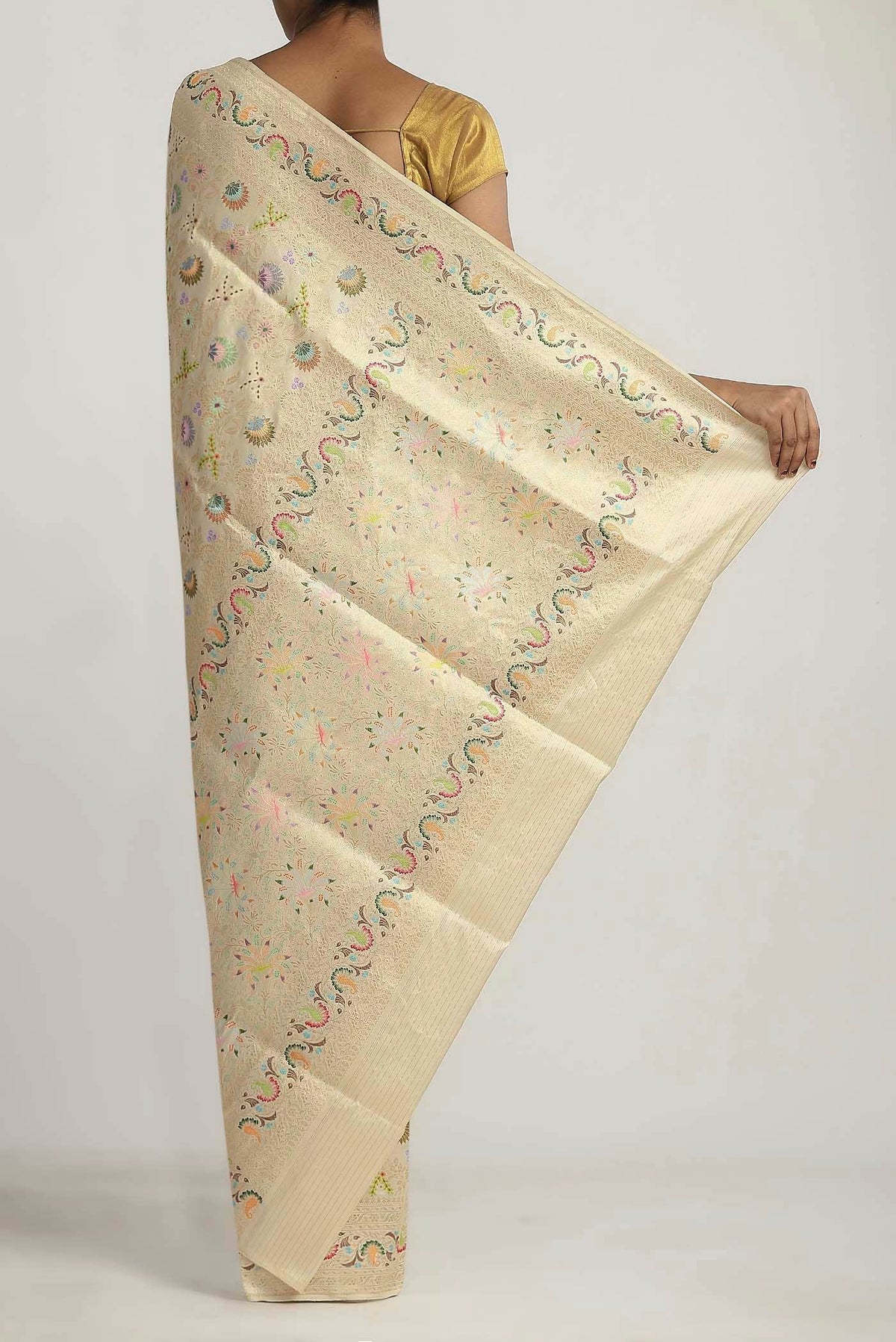Cream Banarasi Silk Saree