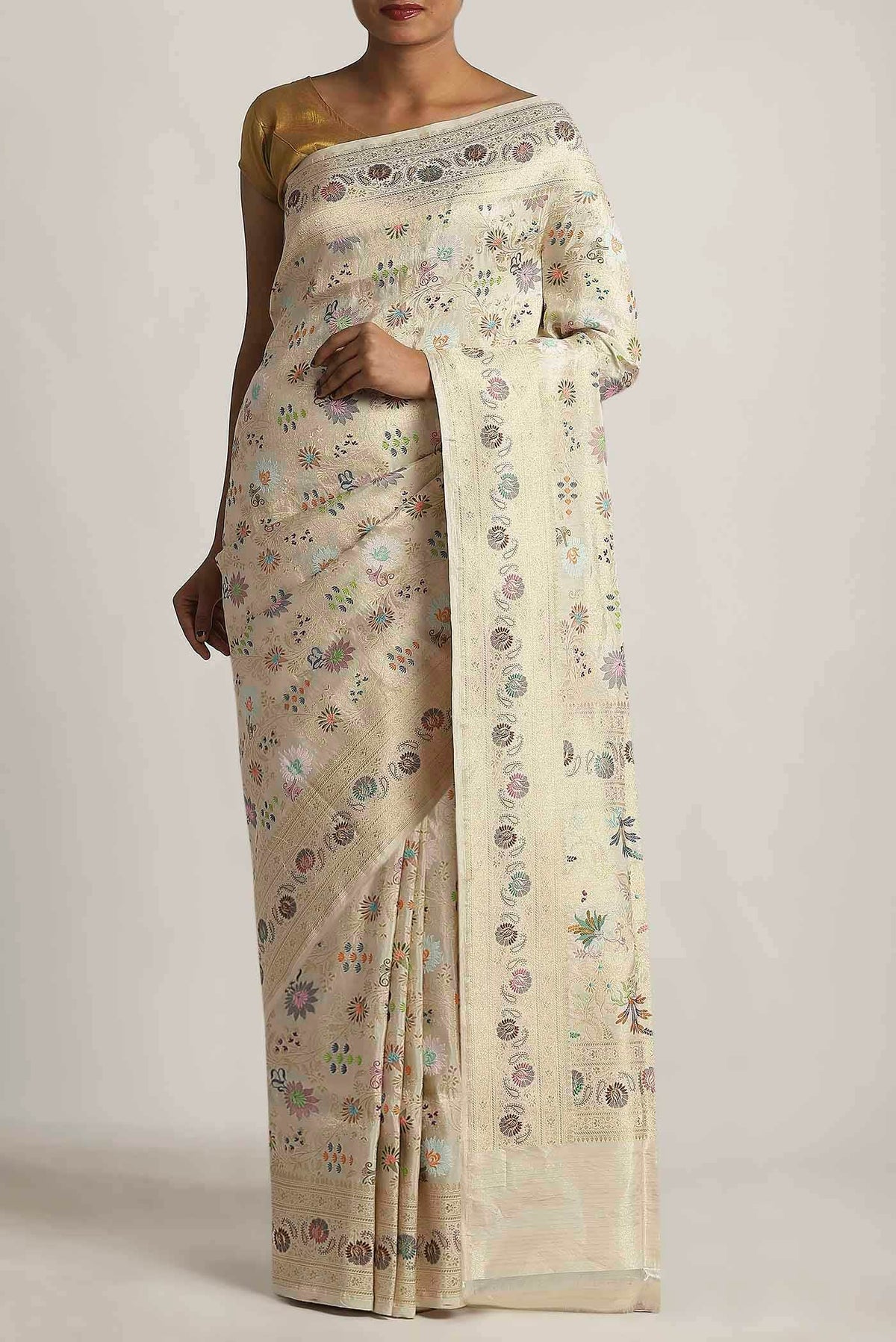 Cream Banarasi Tissue Silk Saree