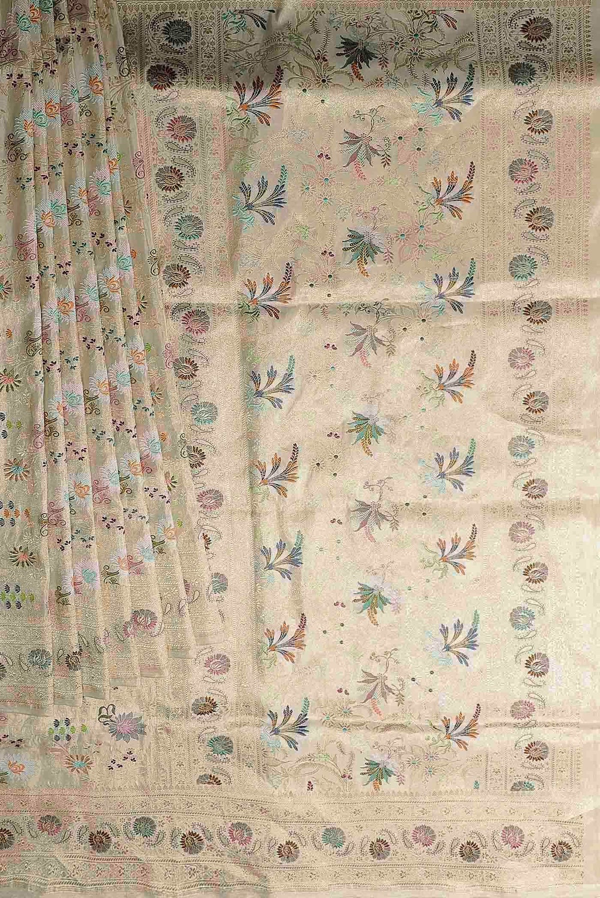 Cream Banarasi Tissue Silk Saree
