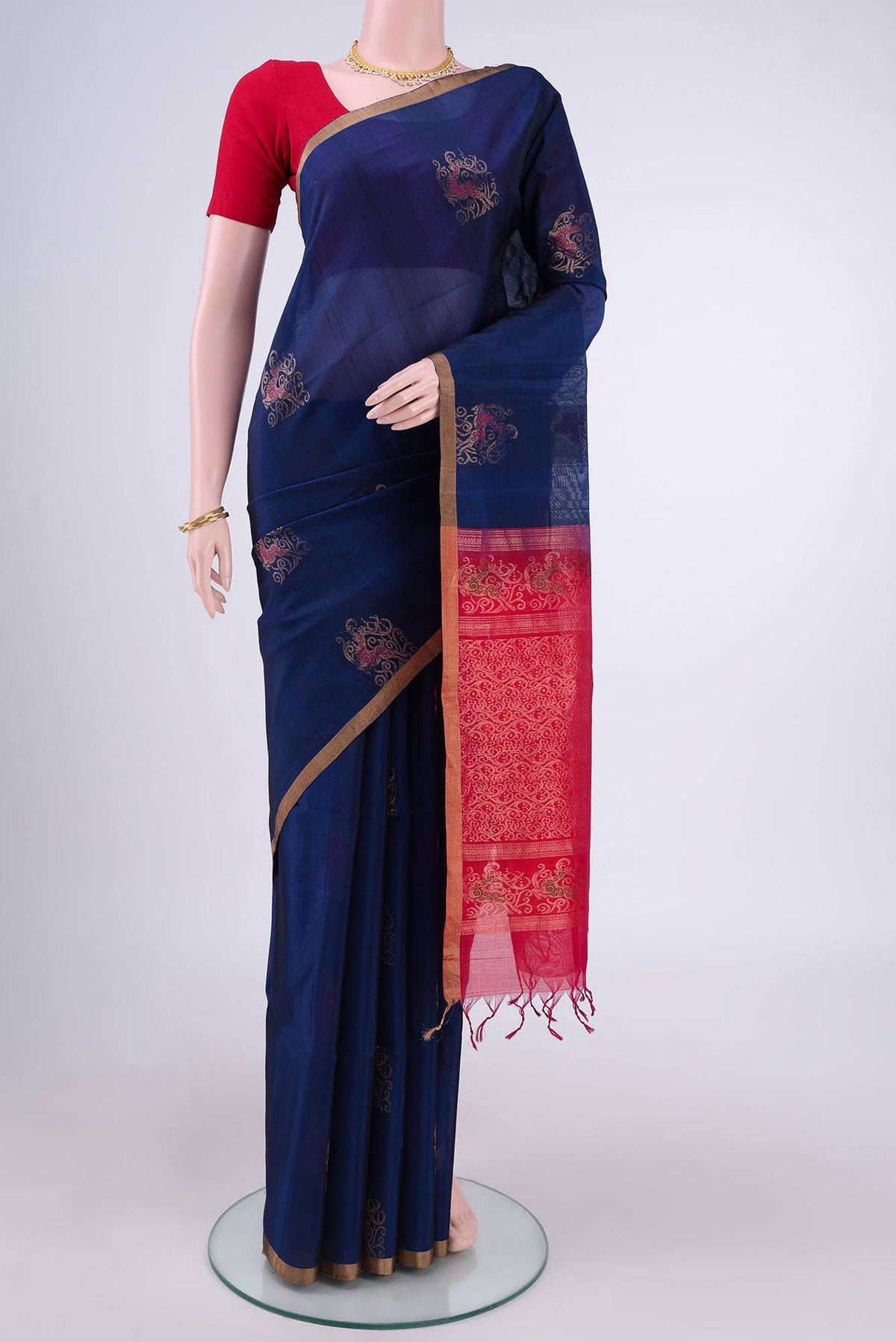 Navy Blue Kora Cotton Saree