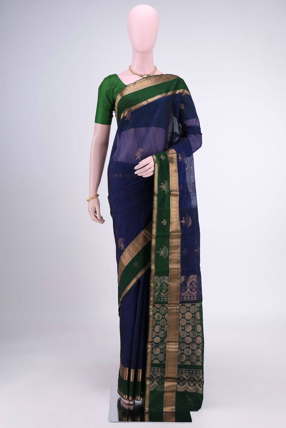 Navy Blue Kora Cotton Saree