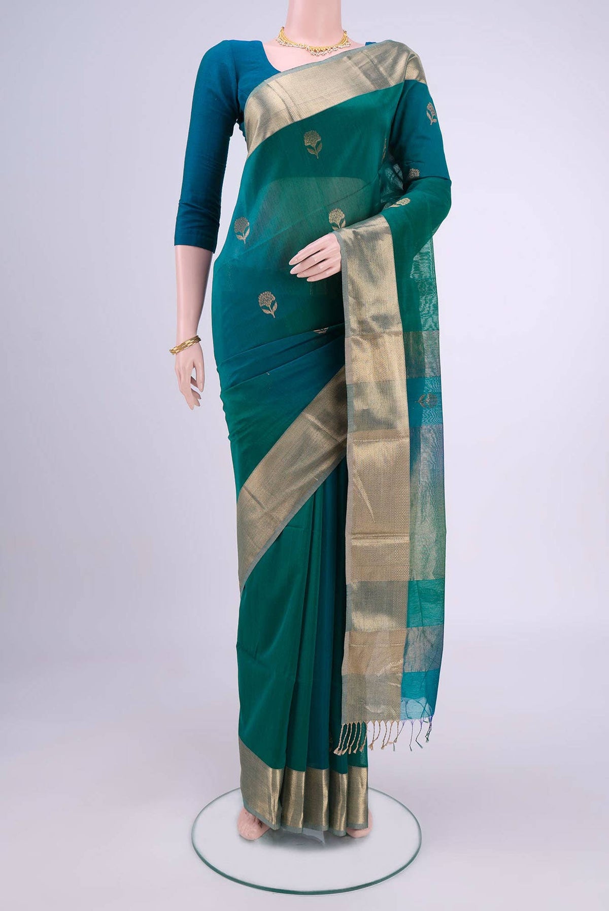 Peacock Blue Dual Tone Maheshwari Silk Cotton Saree