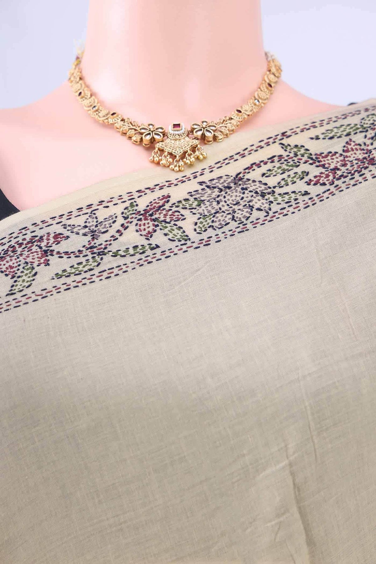 Beige Kantha Silk Saree