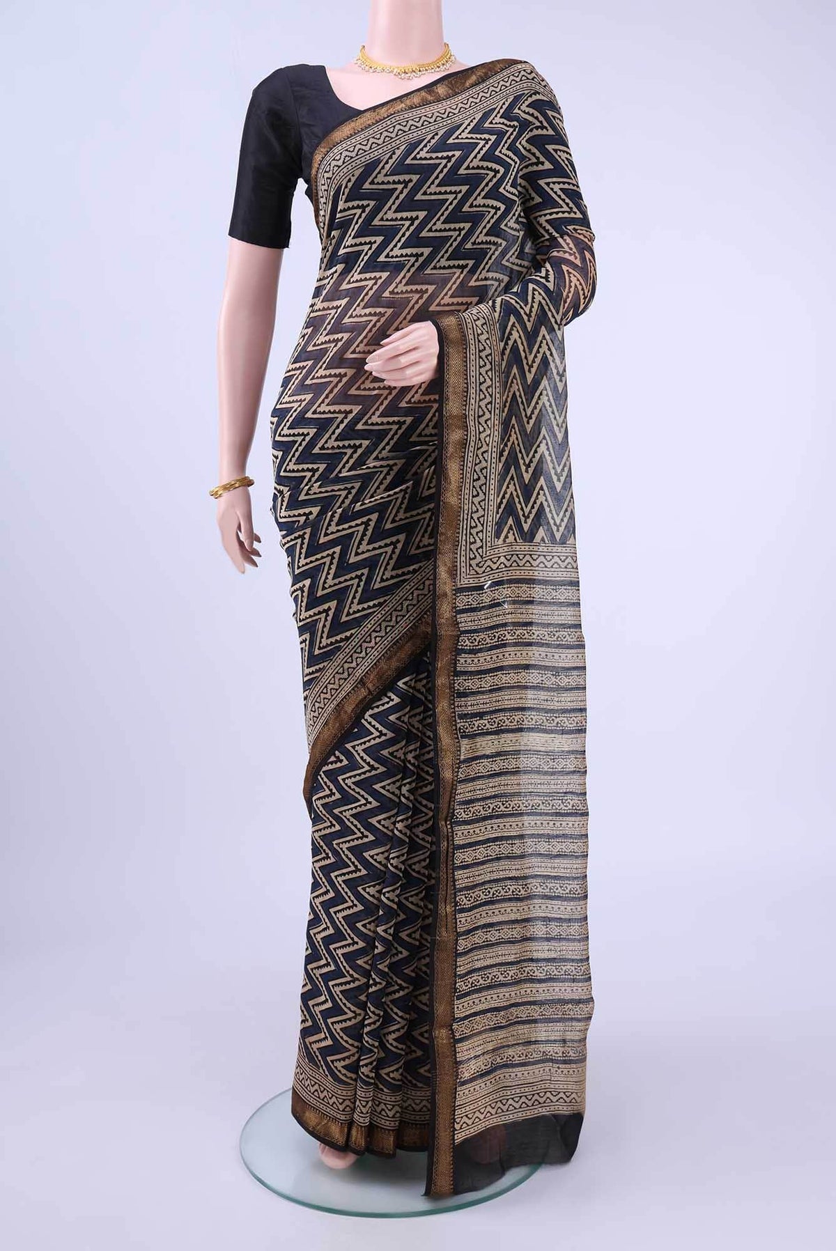 Navy Blue Maheshwari Silk Cotton Saree