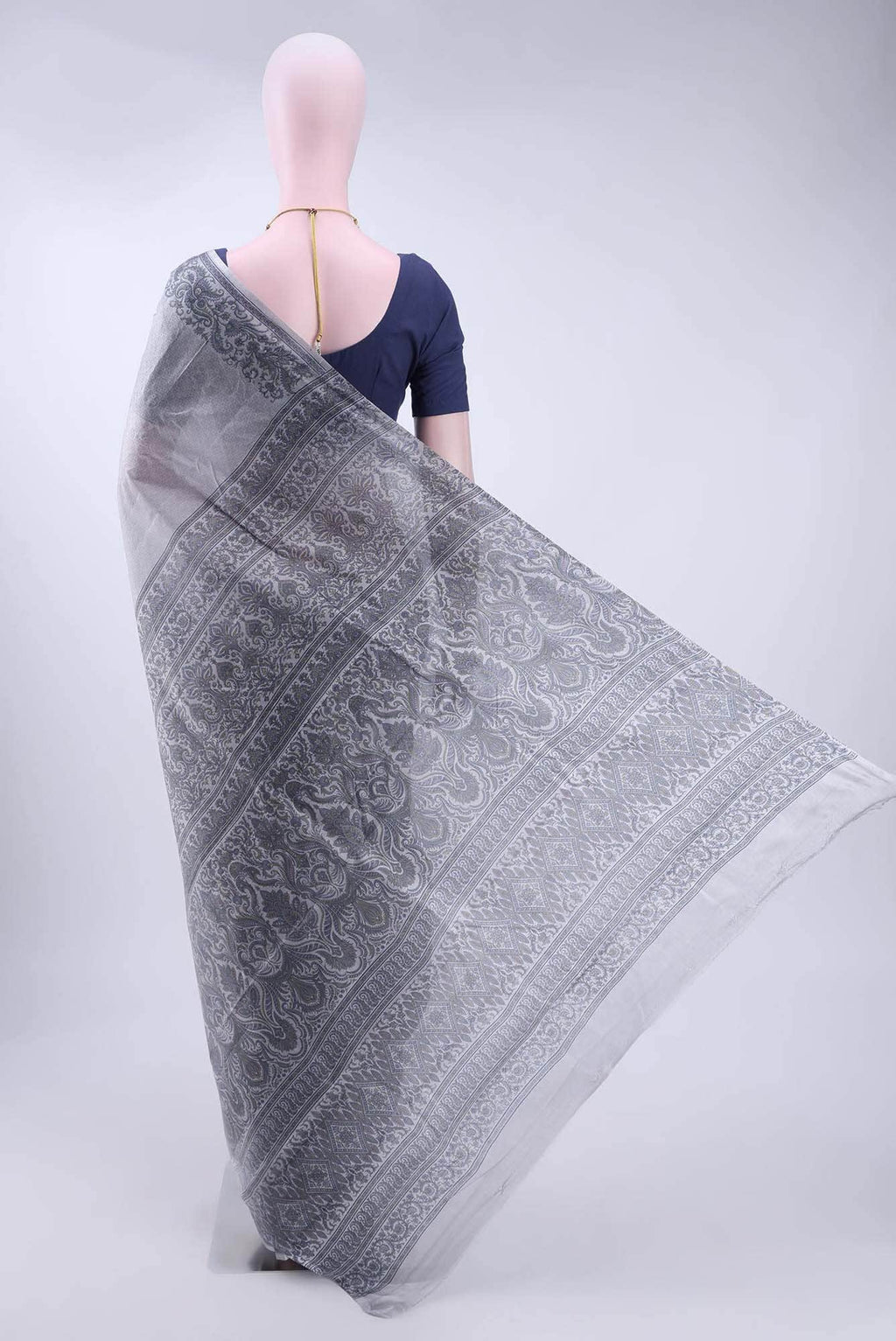 Blue Grey Printed Silk Saree