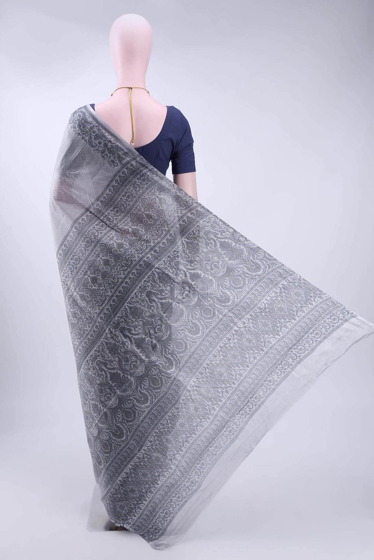 Blue Grey Printed Silk Saree