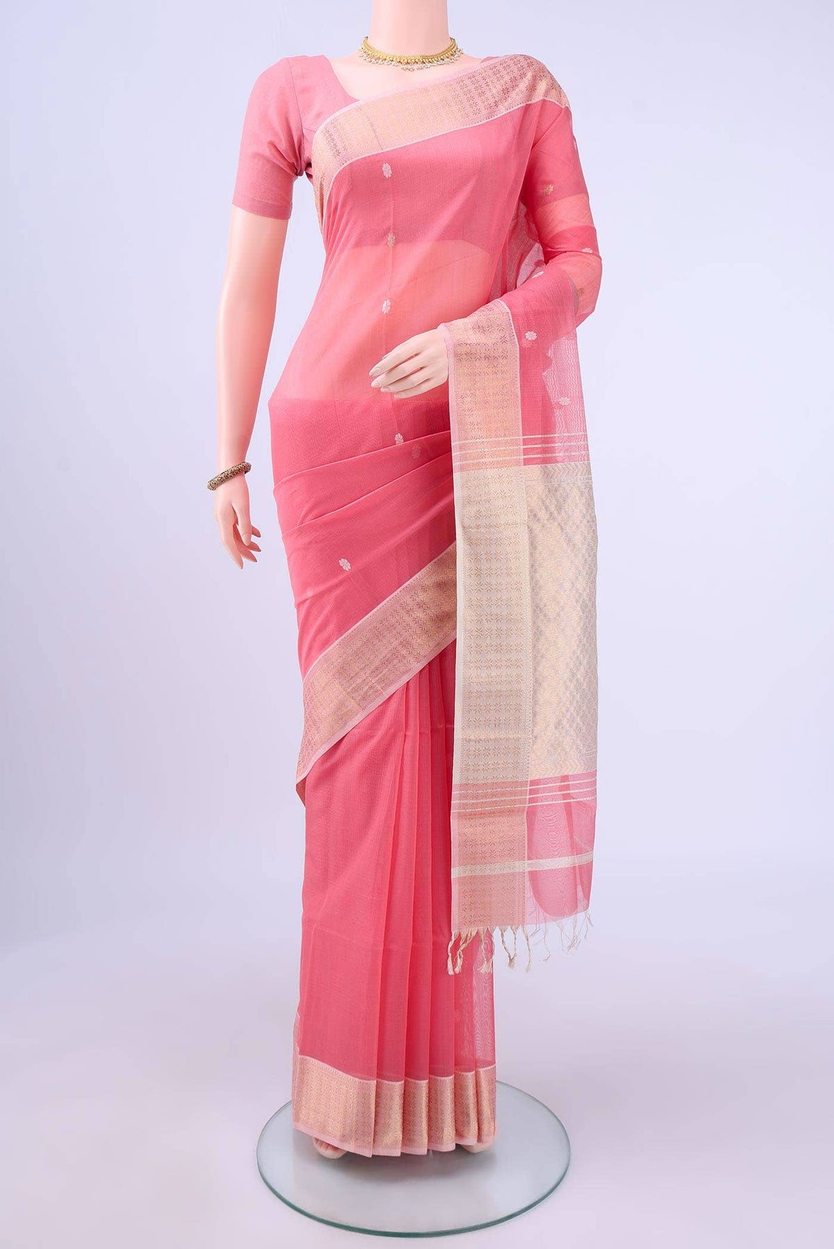Peach Maheshwari Silk Cotton Saree