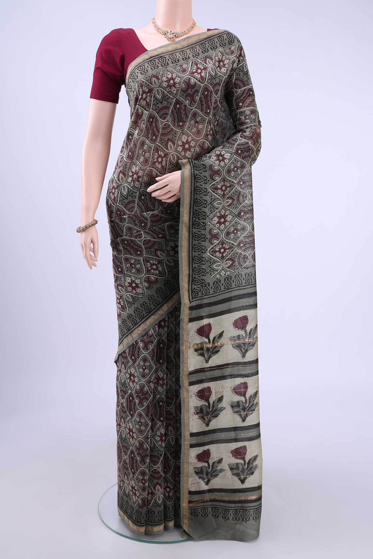 Davys Grey Chanderi Silk Cotton Saree