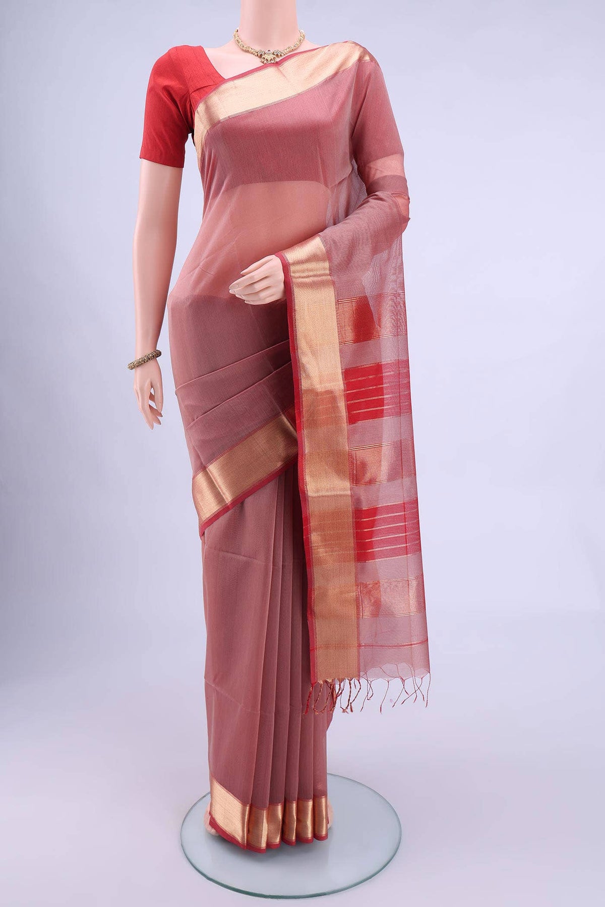 Peach Maheshwari Silk Cotton Saree