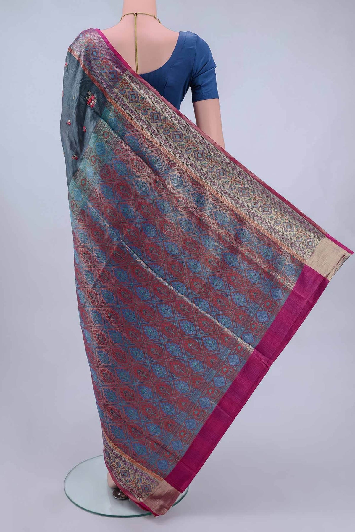 Blue Grey Banarasi Silk Saree