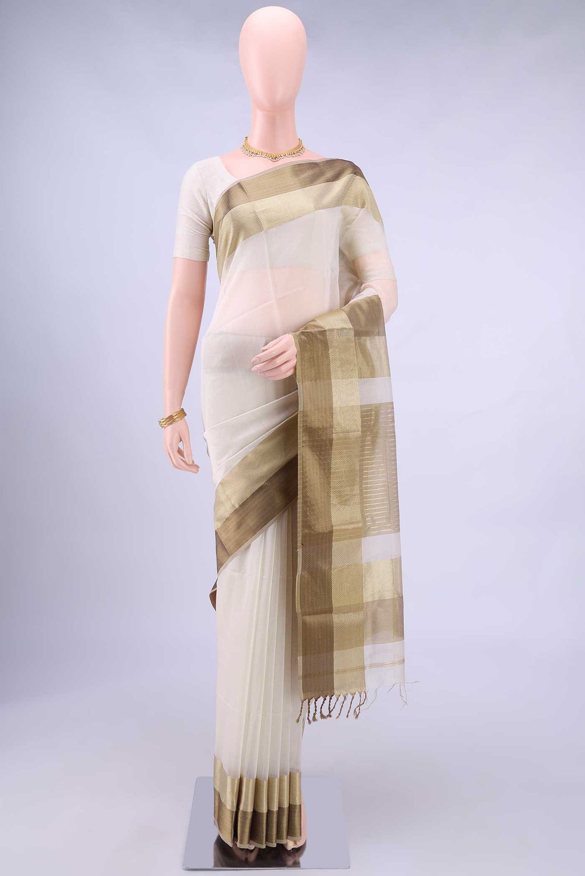 Off White Blended Maheshwari Silk Cotton Saree