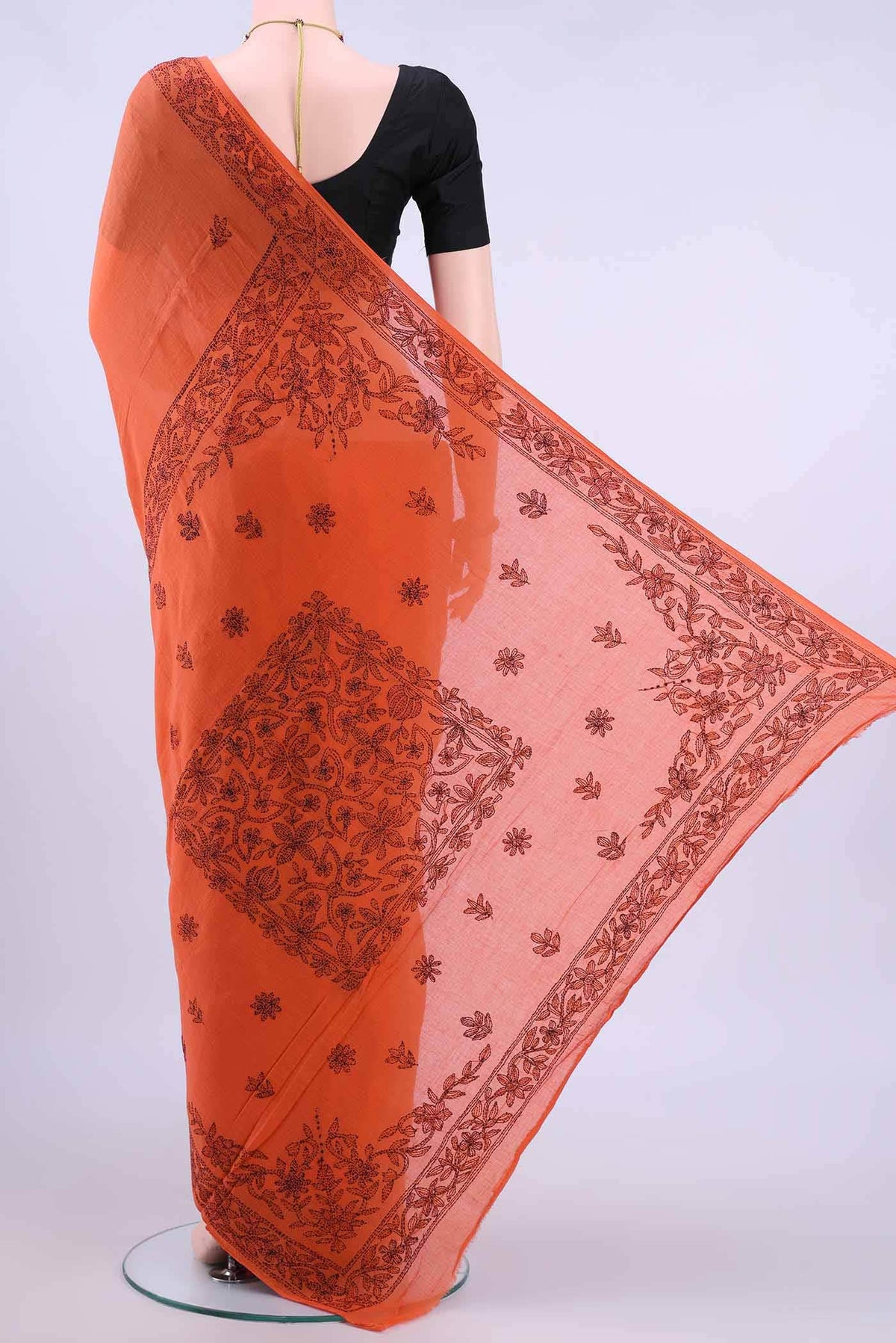 Brick Orange Kantha Silk Saree