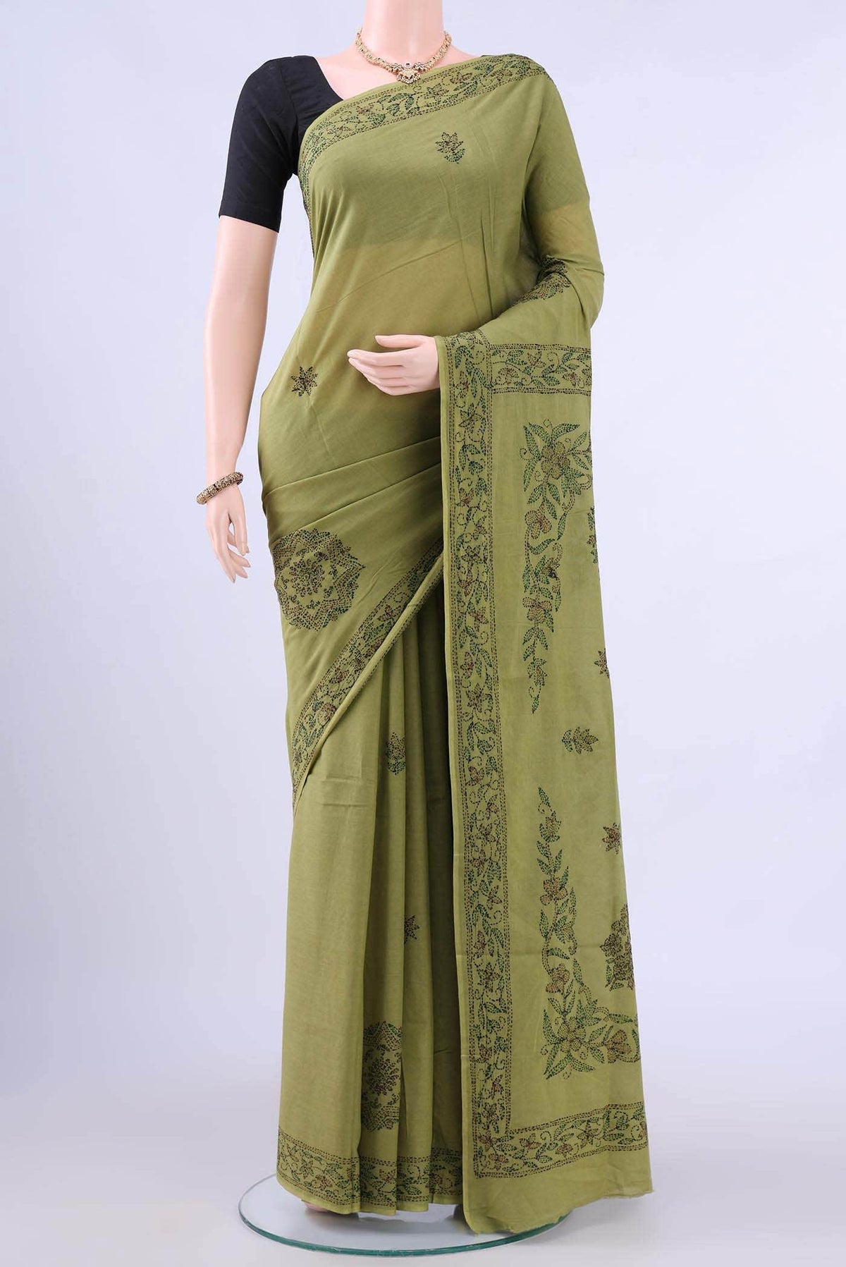 Light Green Kantha Silk Saree