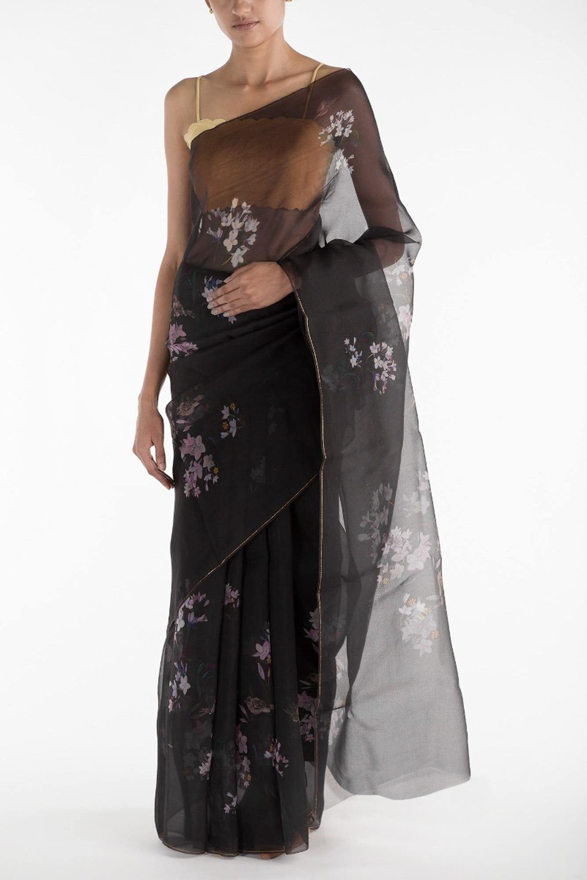 The Sparrows Black Pure Organza Silk Saree