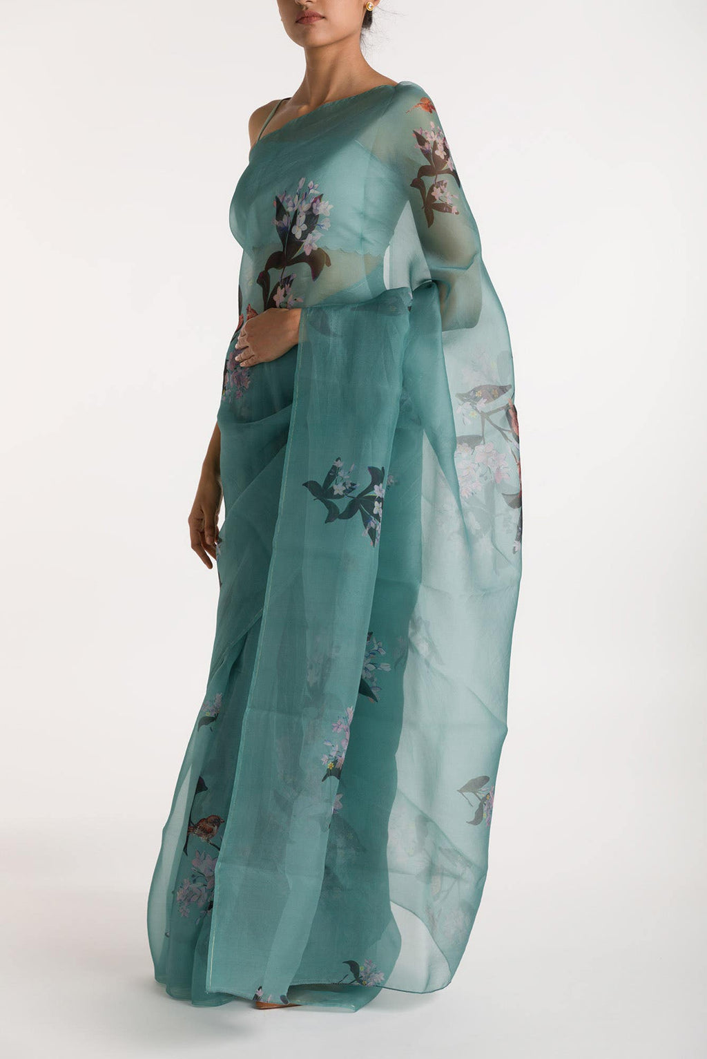 The Sparrows Teal Green Pure Organza Silk Saree