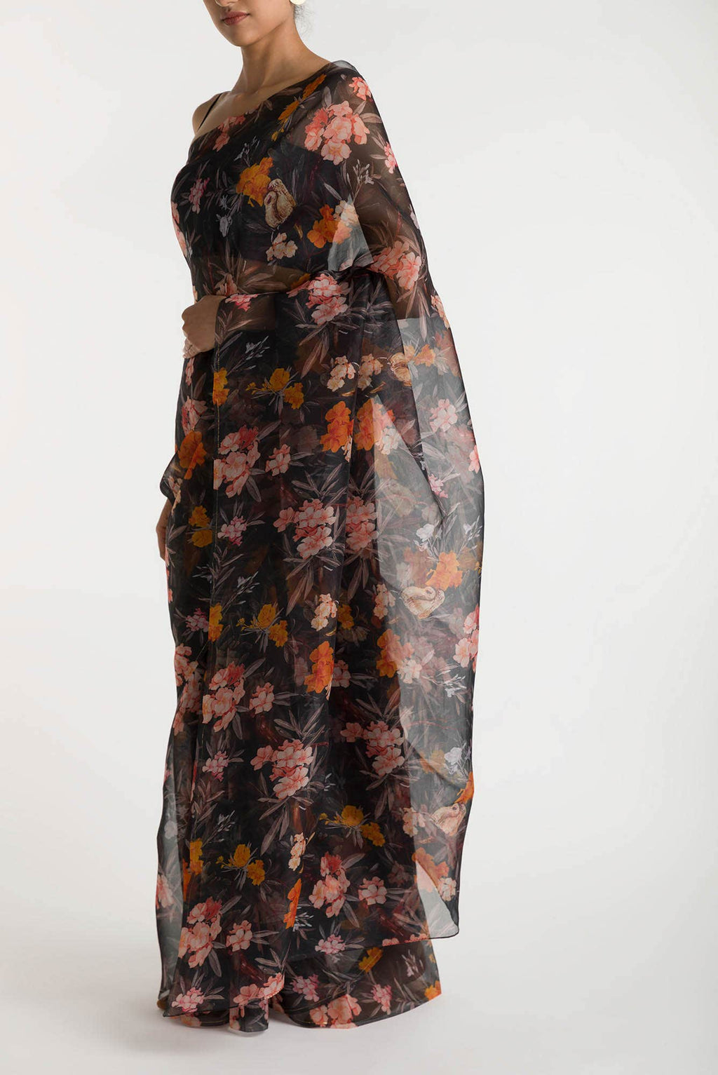 Tropical Parrots Black Pure Organza Silk Saree
