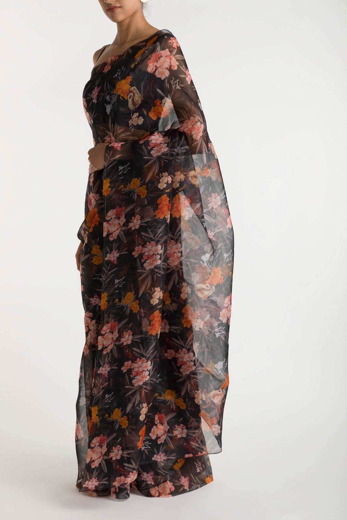 Tropical Parrots Black Pure Organza Silk Saree