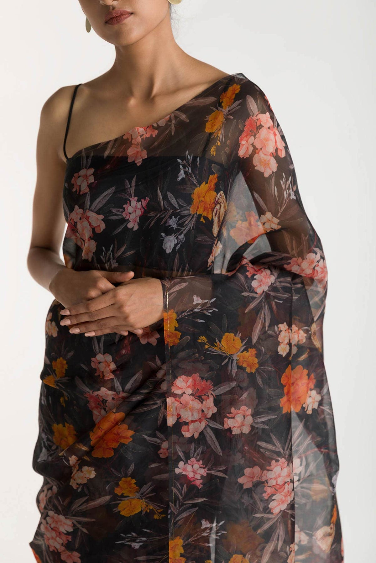 Tropical Parrots Black Pure Organza Silk Saree