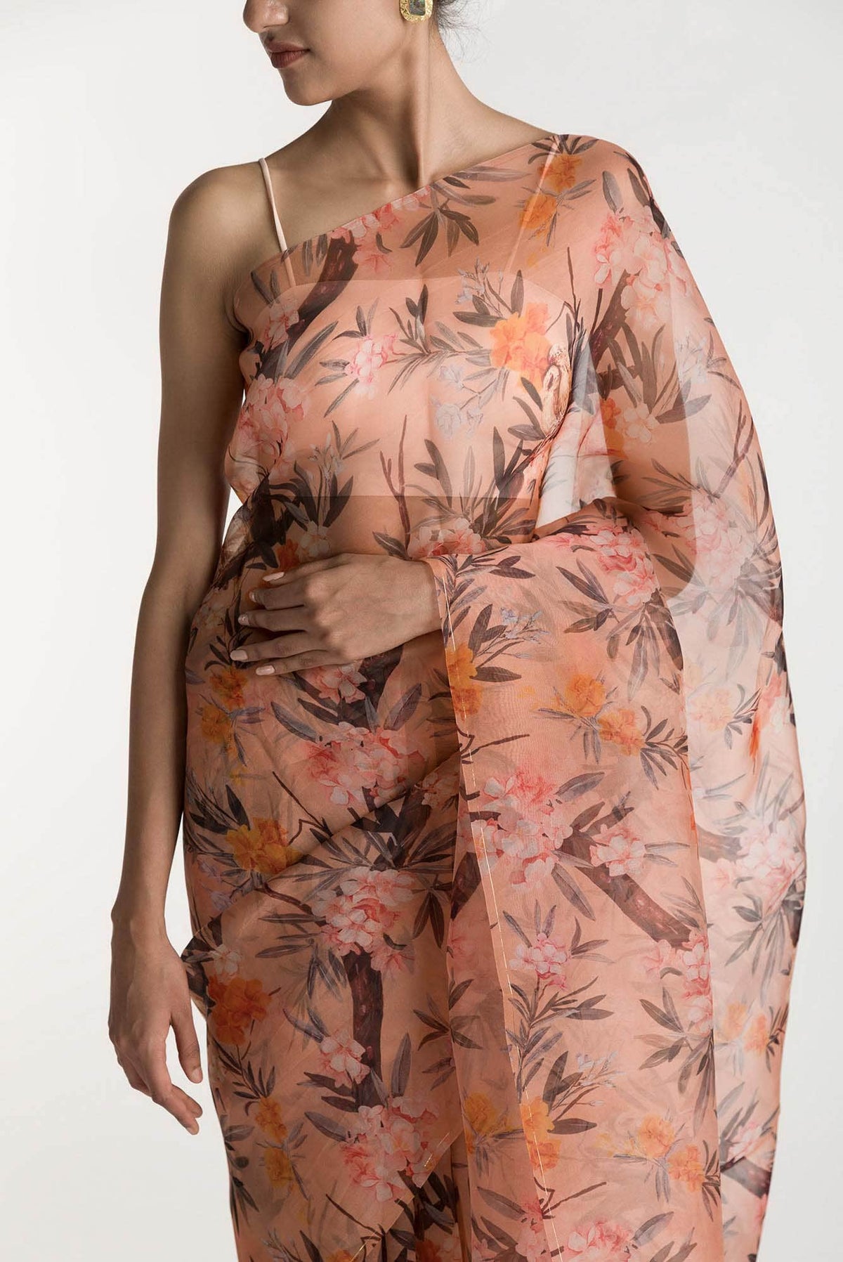 Tropical Parrots Peach Pure Organza Silk Saree