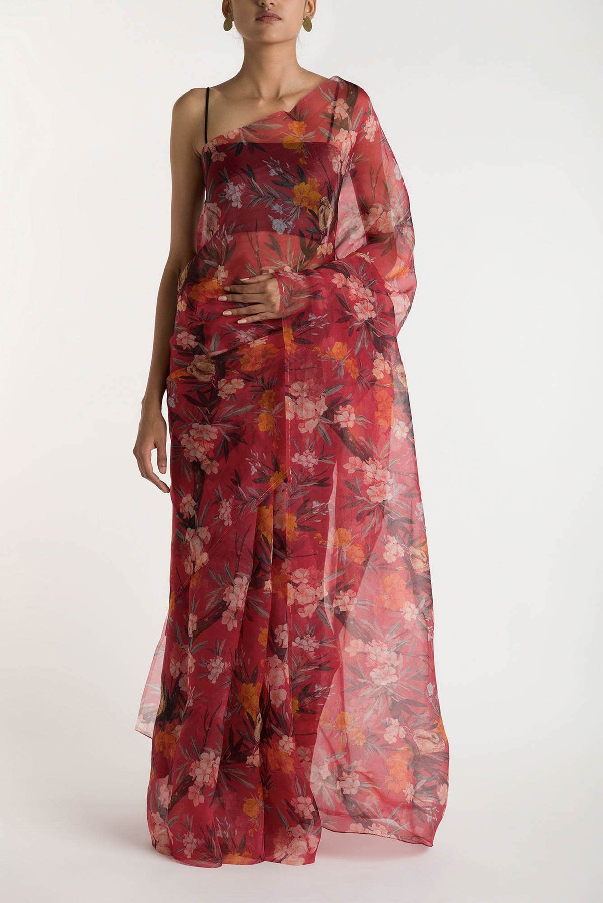 Tropical Parrots Red Pure Organza Silk Saree