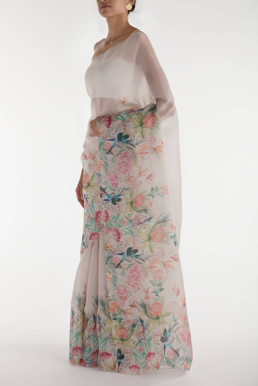 Lovers on the Branch White Satin Organza Saree