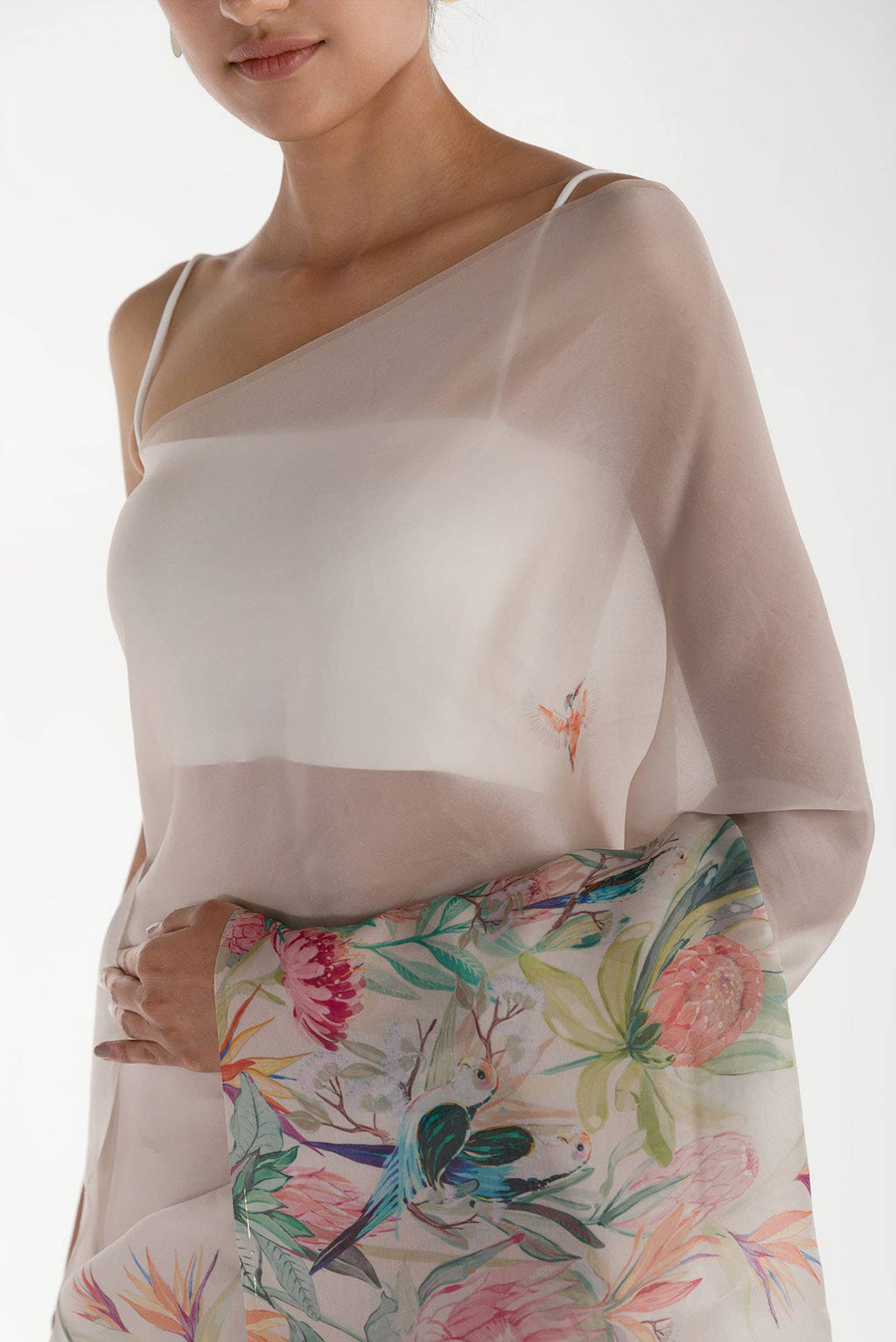 Lovers on the Branch White Satin Organza Saree
