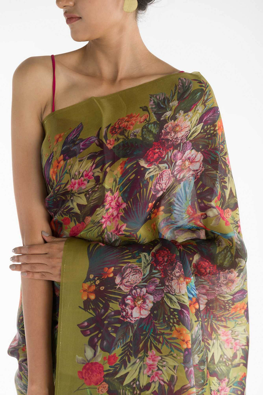 Hyacinth Macaws Olive Green Satin Organza Saree