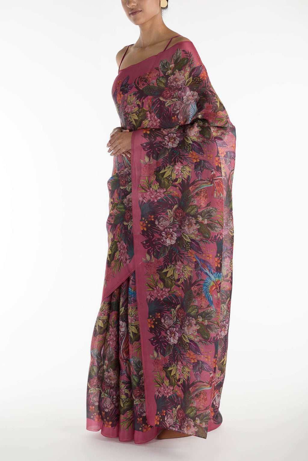 Hyacinth Macaws Dark Pink Satin Organza Saree
