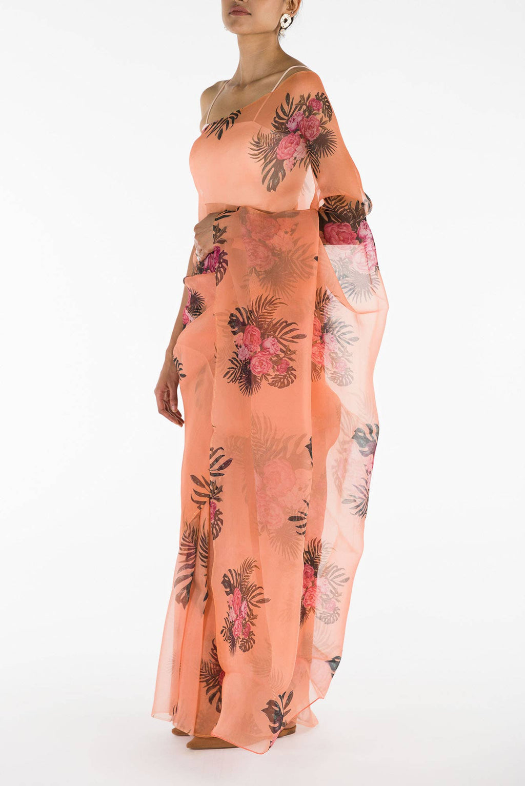 The Flower Bunch Peach Pure Organza Silk Saree