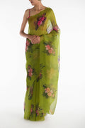 The Flower Bunch Olive Green Pure Organza Silk Saree