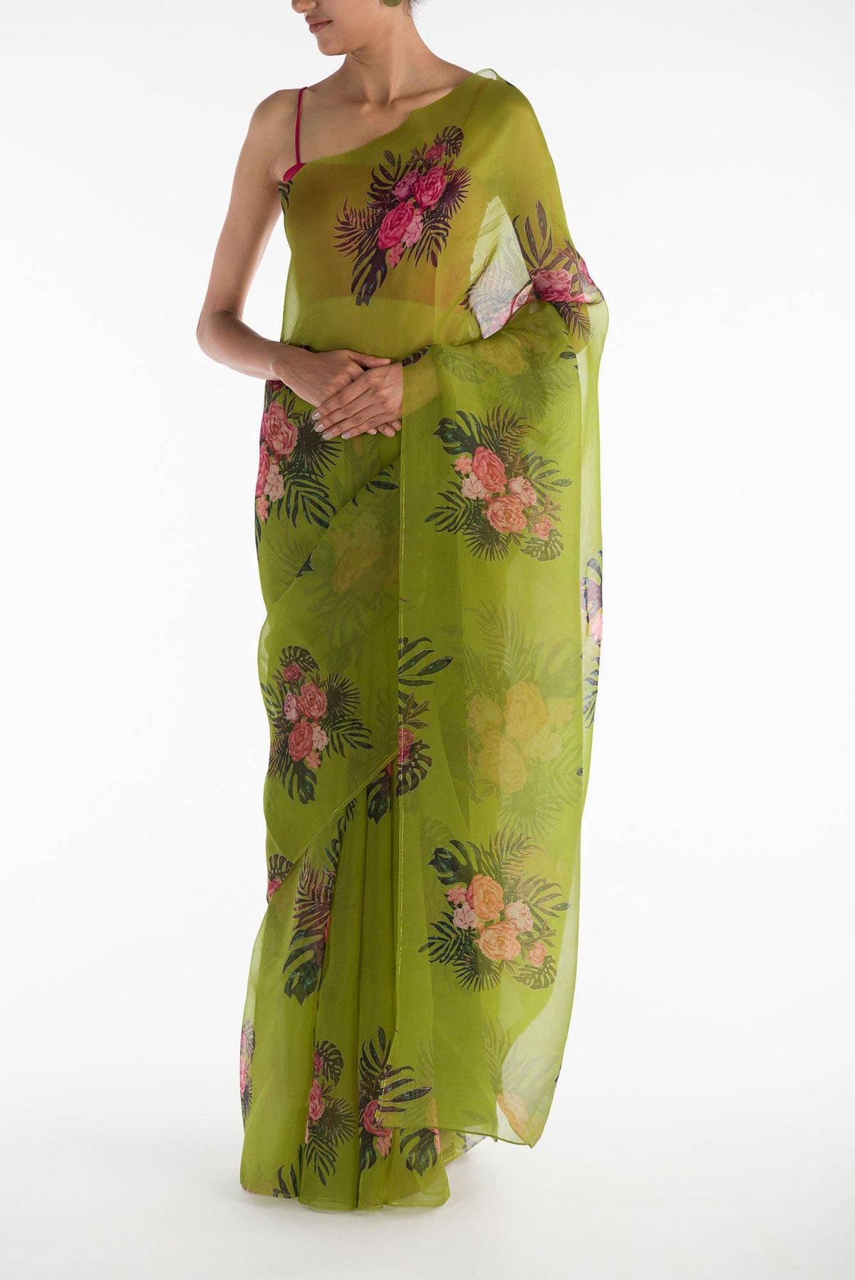 The Flower Bunch Olive Green Pure Organza Silk Saree