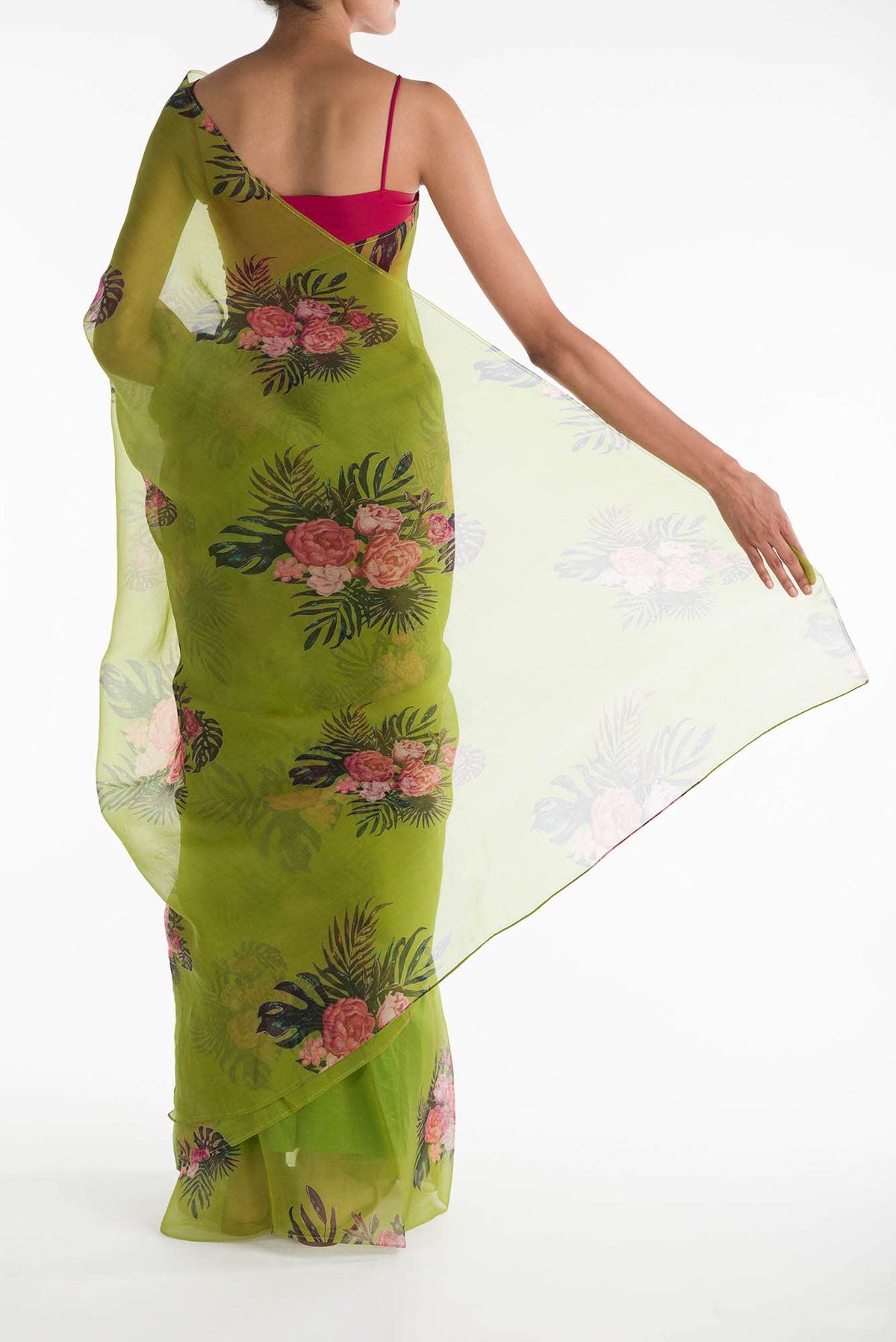 The Flower Bunch Olive Green Pure Organza Silk Saree