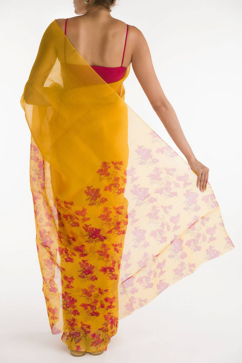 Bougainvillea Vines Mustard Pure Organza Silk Saree