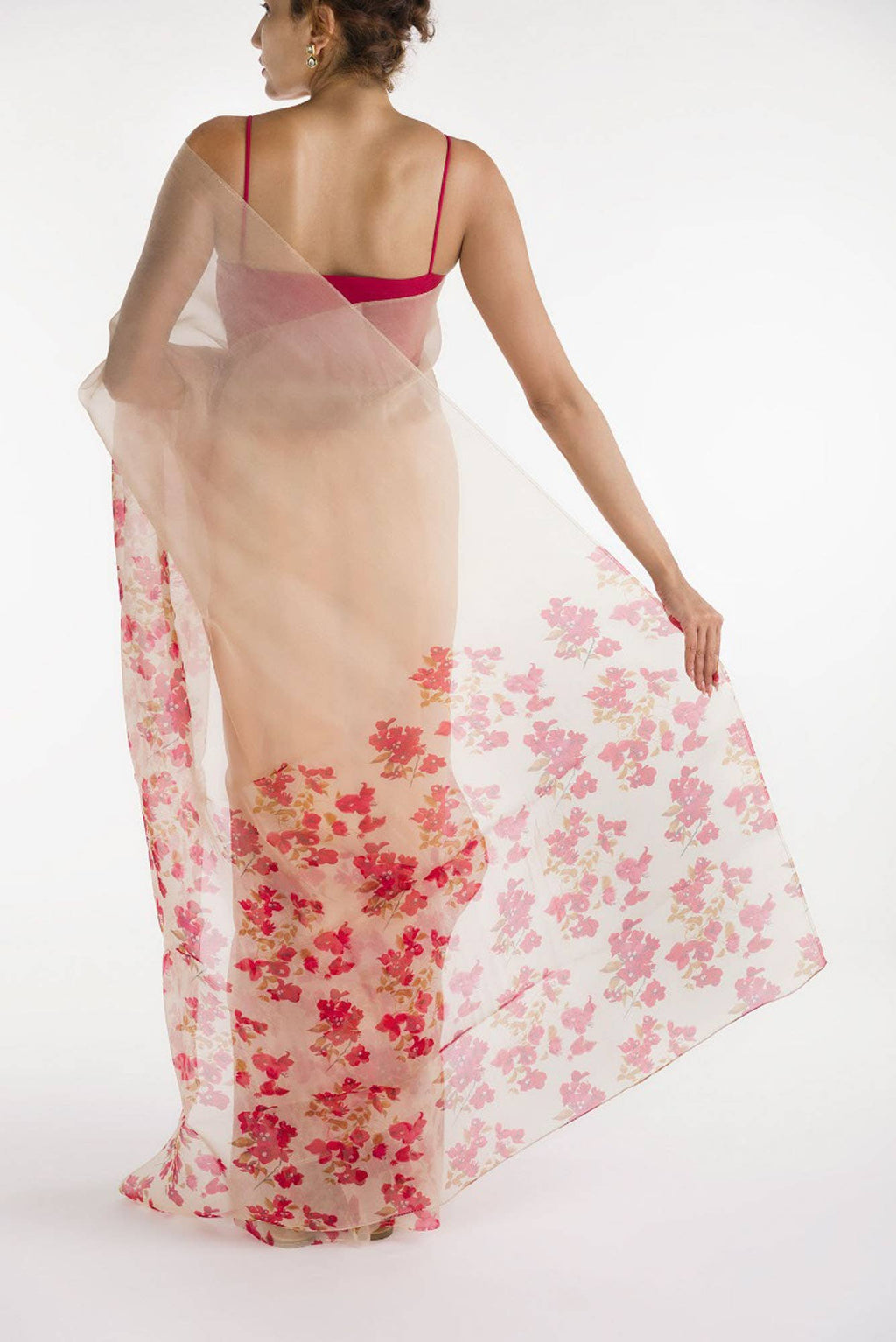 Bougainvillea Vines Cream Pure Organza Silk Saree