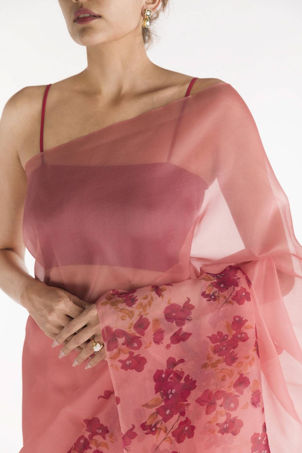 Bougainvillea Vines Peach Pure Organza Silk Saree