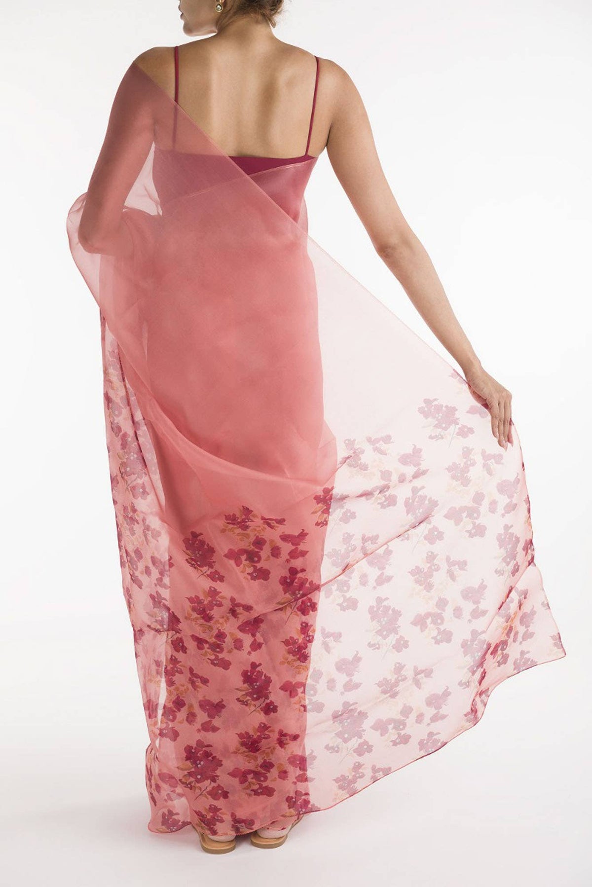 Bougainvillea Vines Peach Pure Organza Silk Saree