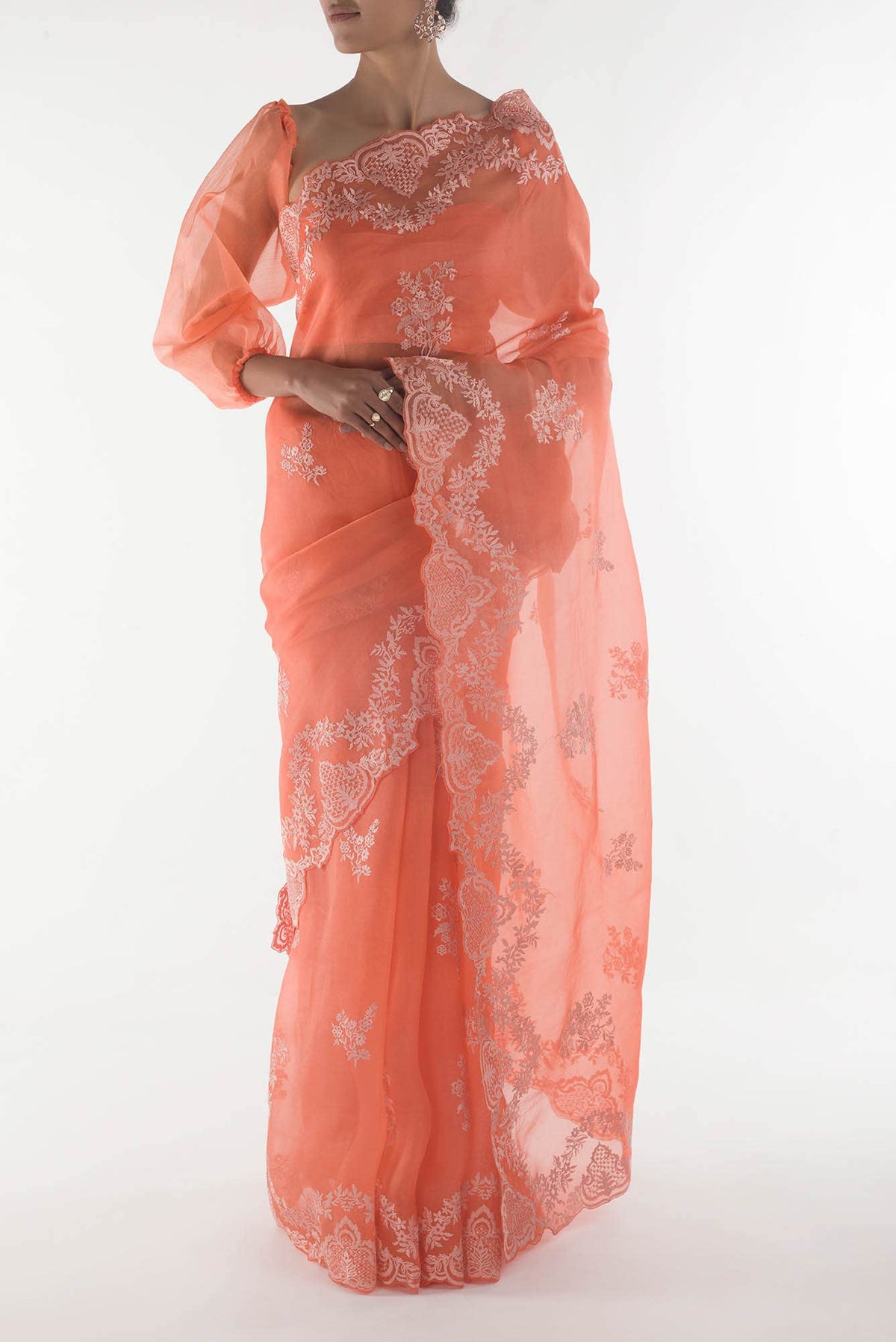 Peonia Orange floral design saree from Embroidered Romance Collection by Nalli