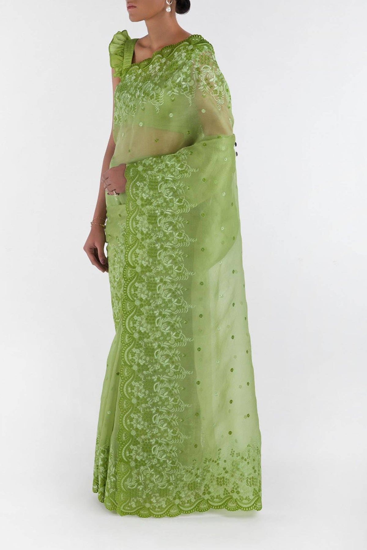 Lover’s lush Green floral design saree from Embroidered Romance Collection by Nalli
