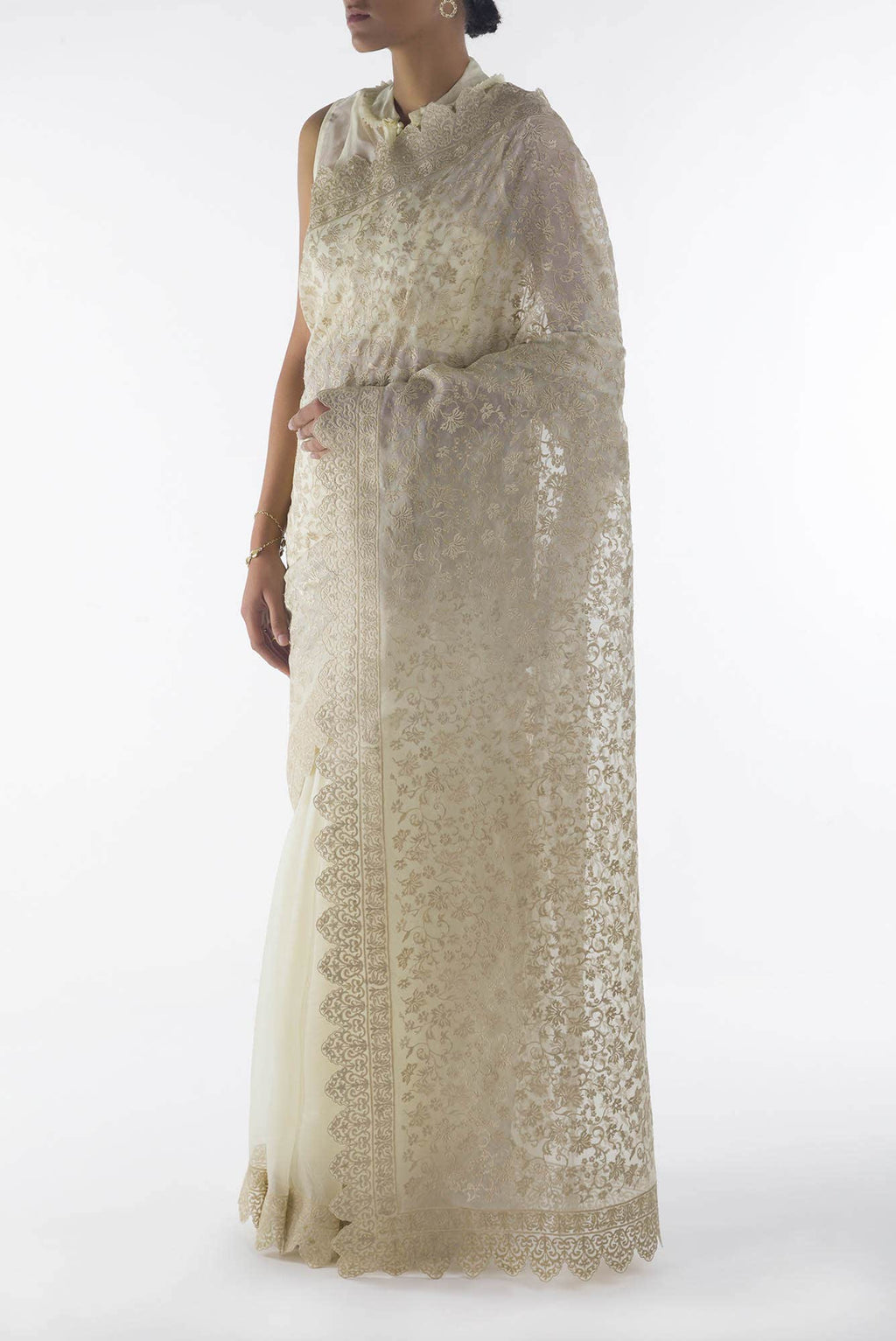 Iris waltz Cream floral design saree from Embroidered Romance Collection by Nalli