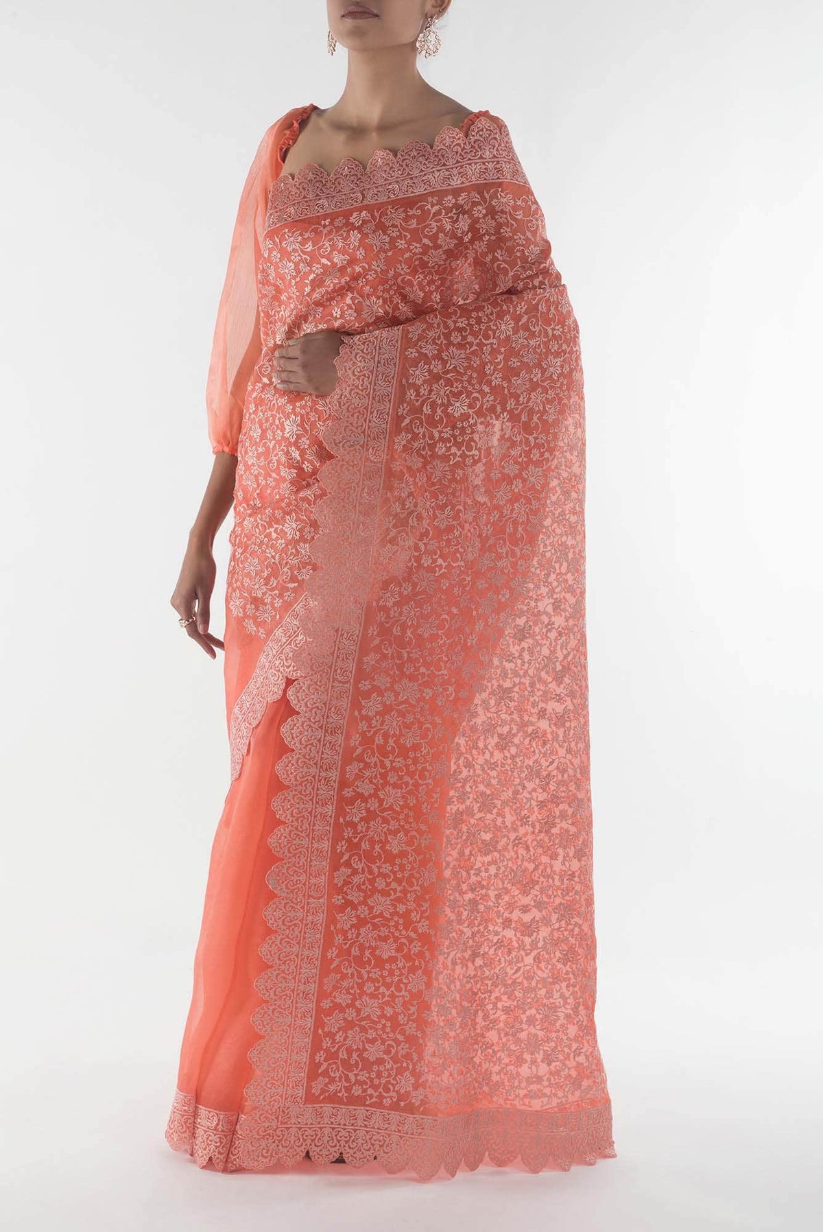 Iris waltz Orange floral design saree from Embroidered Romance Collection by Nalli