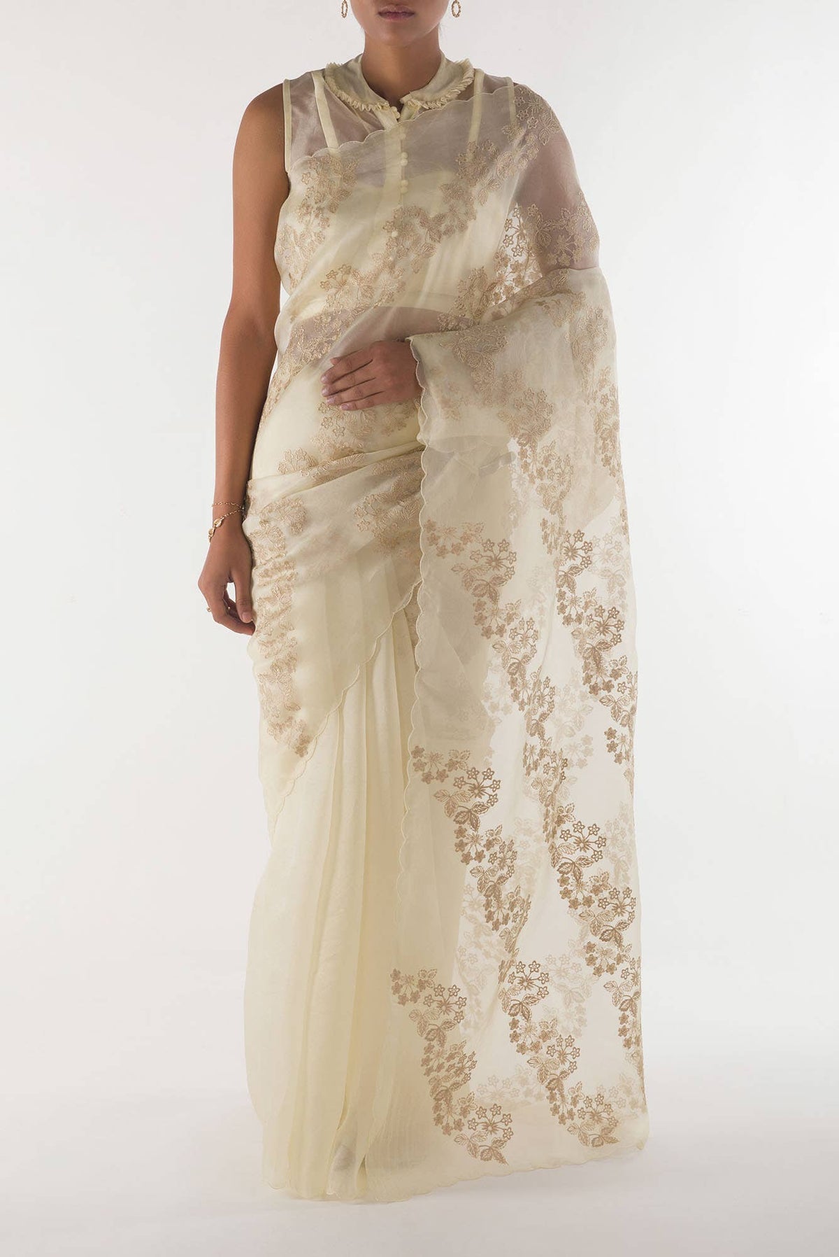 Bella Cream floral design saree from Embroidered Romance Collection by Nalli