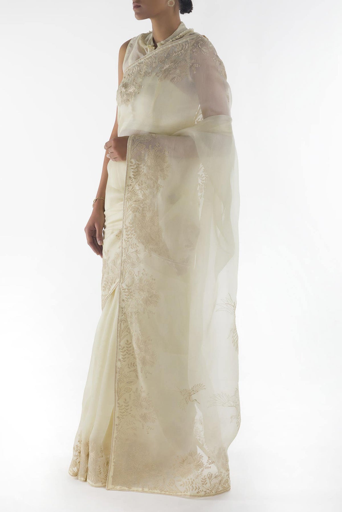 Asteracea Cream floral design saree from Embroidered Romance Collection by Nalli