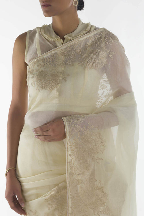 Asteracea Cream floral design saree from Embroidered Romance Collection by Nalli