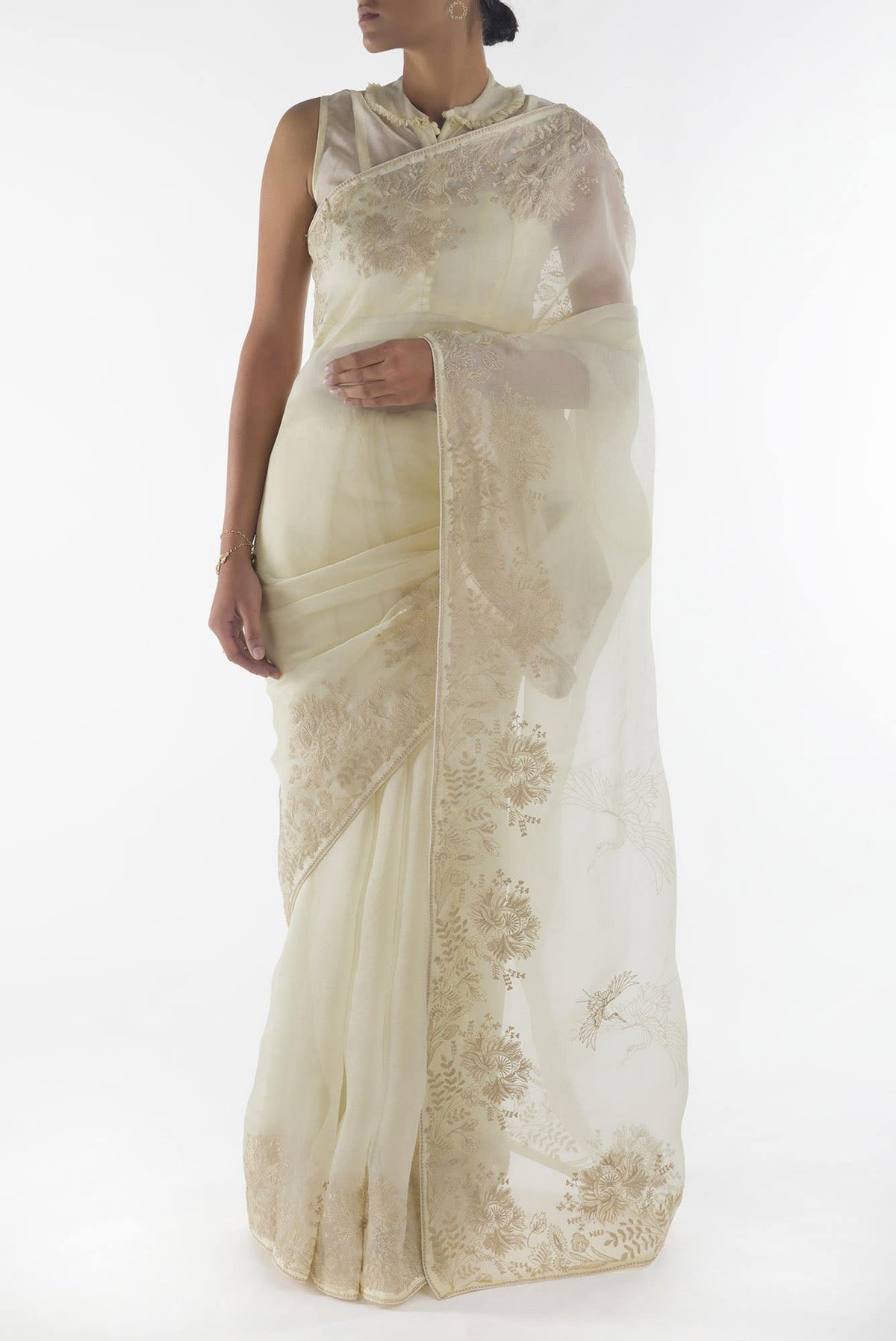 Asteracea Cream floral design saree from Embroidered Romance Collection by Nalli