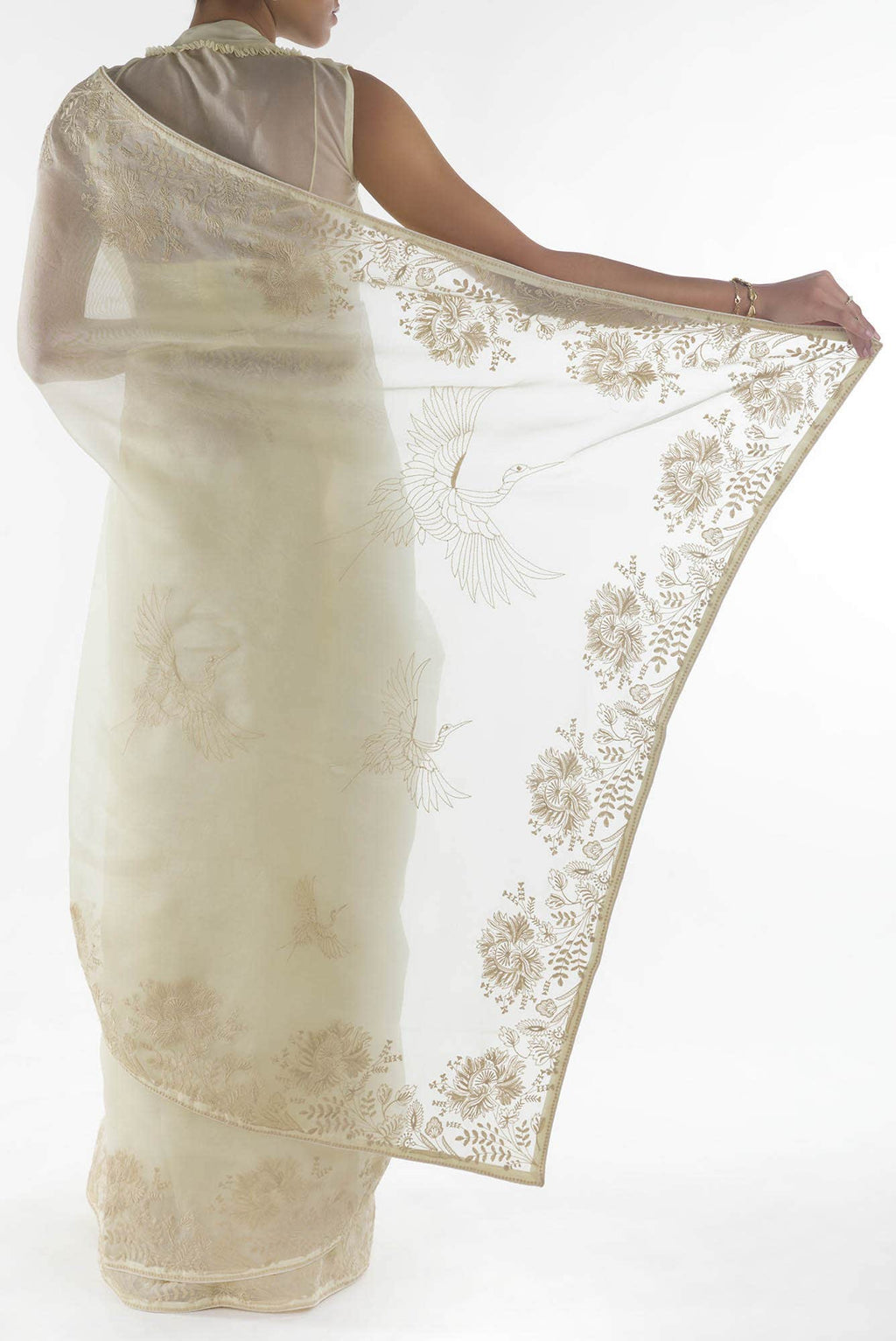 Asteracea Cream floral design saree from Embroidered Romance Collection by Nalli