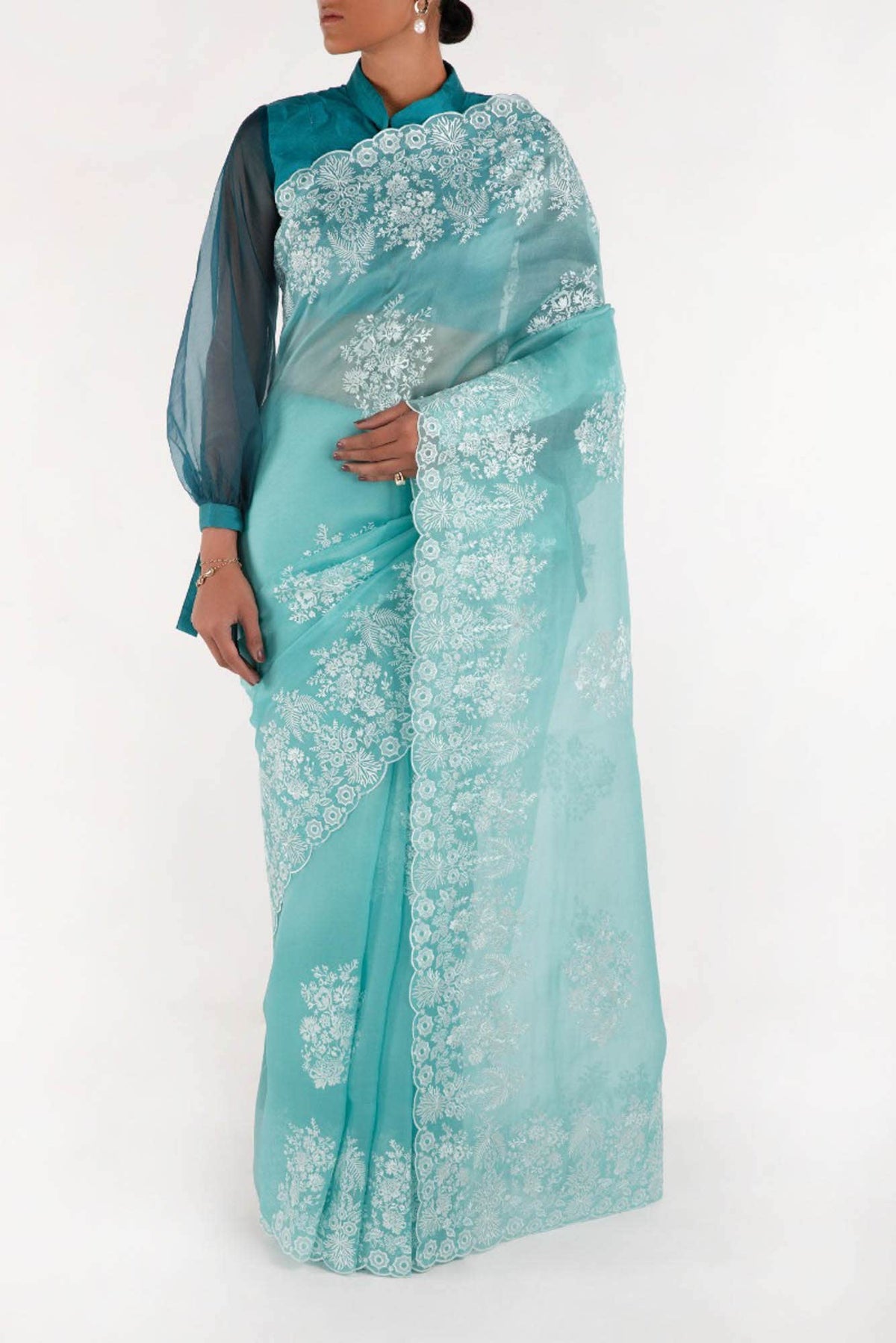Minerva Turquoise floral design saree from Embroidered Romance Collection by Nalli