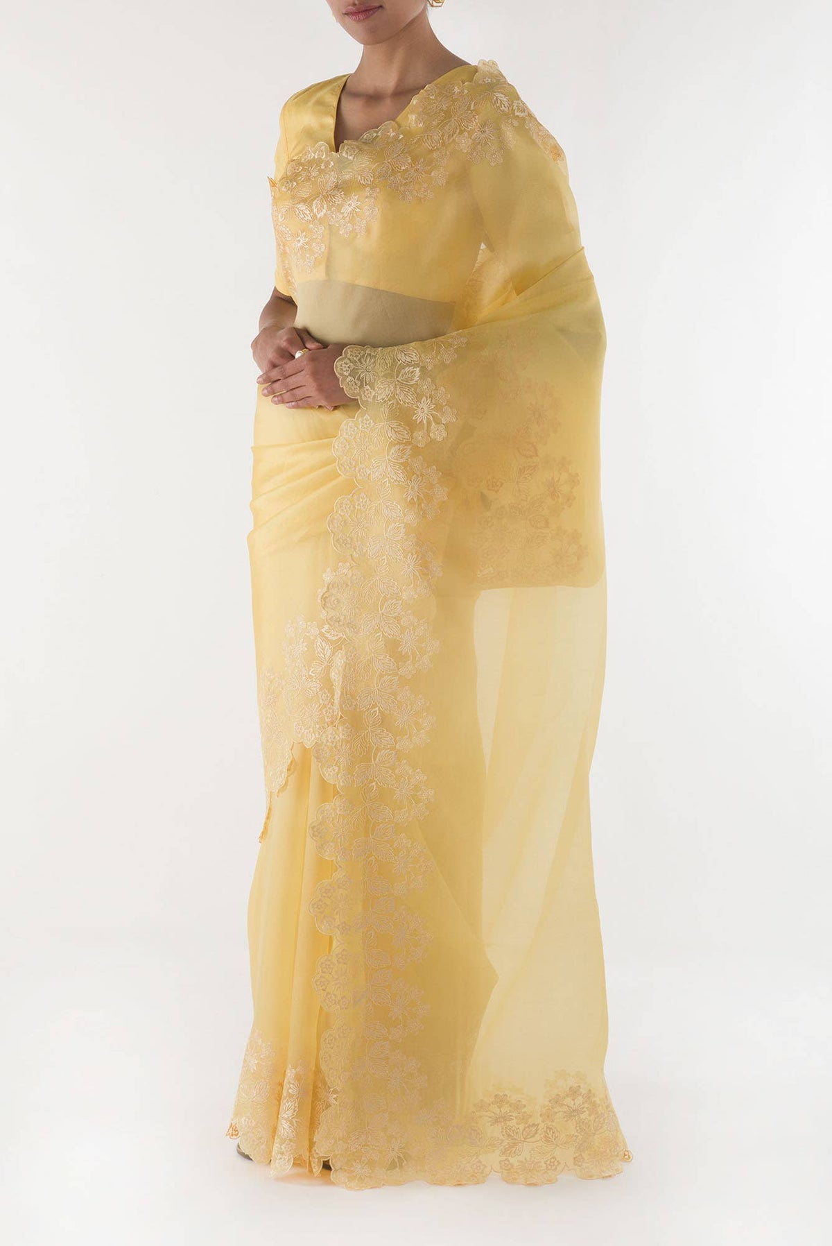 Forget-me-not Lemon yellow floral design saree from Embroidered Romance Collection by Nalli